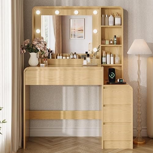 TOKSOM Vanity Table with Drawer Dresser, 39.3”Farmhouse Vanity Makeup Desk with Charging Station, Vanity Desk with Lights Mirror & 5 Drawers for Makeup, Vanity Desk with Multi Storage Shelves Natural thumbnail 7