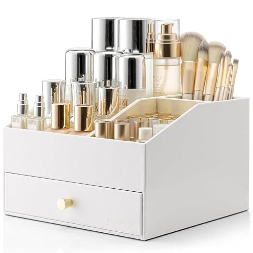 Vlando Makeup Organzier,Vanity Organizer with Drawers, PU Leather Skincare Organizer Perfume Organizer,Large Cosmetic Display Case for Lipstick,Brushes Gifts for Women-White - Image 1