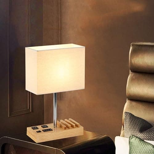 Dreamholder Desk Lamp with 3 USB Charging Ports, Table Lamp with 2AC Outlets and 3 Phone Stands, Nightstand Bedside Lamp with Natural Wooden Base and Cream Linen Shade thumbnail 7