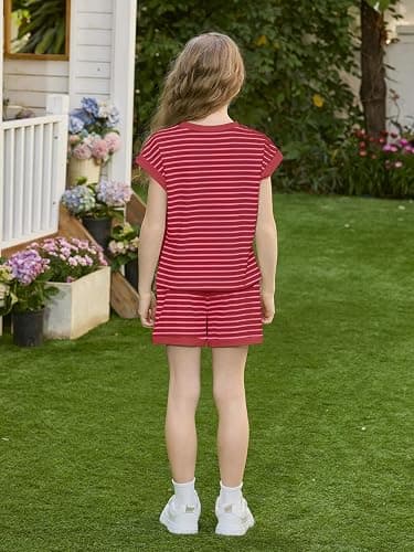 Haloumoning Girls 2 Piece Lounge Set Kids Striped Knit Short Sleeve T-Shirts Elastic Waist Shorts Casual Summer Clothing Sets thumbnail 6