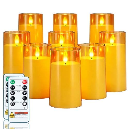 Homemory Amber Flickering Flameless Candles, Battery Operated Acrylic LED Pillar Candles with Remote Control and Timer, Fall Candles, Set of 9 - Image 1