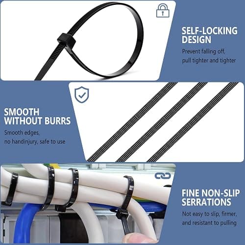 Fomuson 200pcs Zip Ties 8 Inch Black, Heavy Duty Zip Tie, 50lb Strength Cable Ties, Industrial Nylon Wire Tie Wraps for Garage and Workshop. thumbnail 4