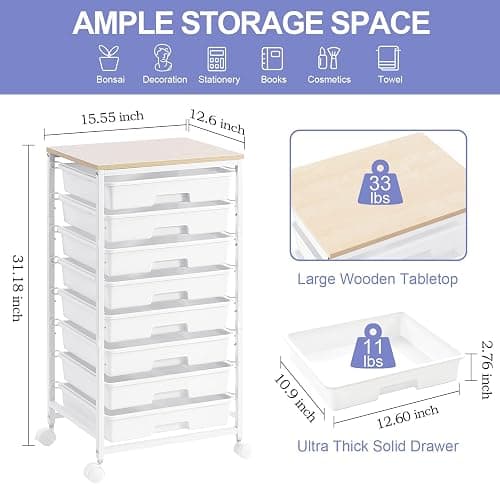 SYKIARIOL Rolling Storage Cart with Drawers,Utility Cart With 8 Drawers and Wooden Tabletop,Rolling Drawer Cart,Storage Drawer Cart for Living Room,Classroom,Bedroom,Bathroom,Dorm,Office,White thumbnail 5