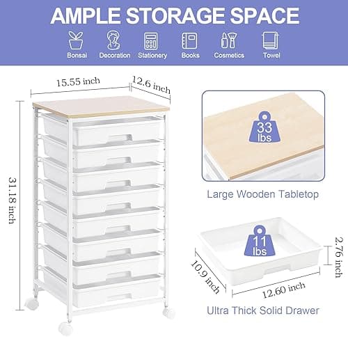SYKIARIOL Rolling Storage Cart with Drawers,Utility Cart With 8 Drawers and Wooden Tabletop,Rolling Drawer Cart,Storage Drawer Cart for Living Room,Classroom,Bedroom,Bathroom,Dorm,Office,White - White thumbnail 5