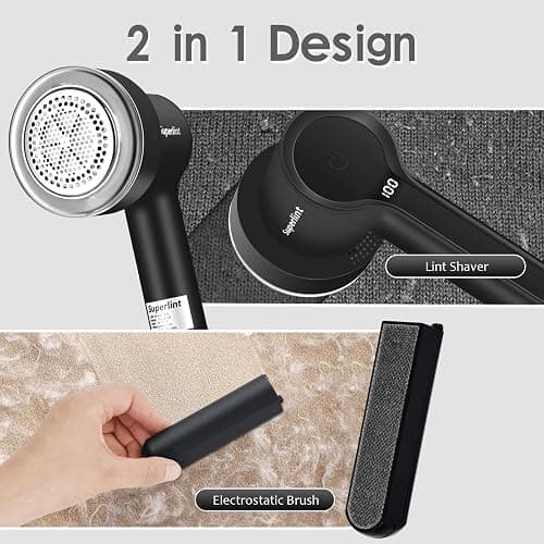SUPER LINT Electric Fabric Shaver Electrostatic Brush, LED Display, 3-Speeds, Rechargeable Sweater Shavers to Remove Pilling for Clothing, Couch, Furniture, Black thumbnail 3