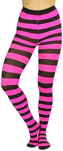 ToBeInStyle Women’s Wide Horizontal Contrast Stripe Tights Opaque Hosiery - One Size - Black and Hot Pink thumbnail 4