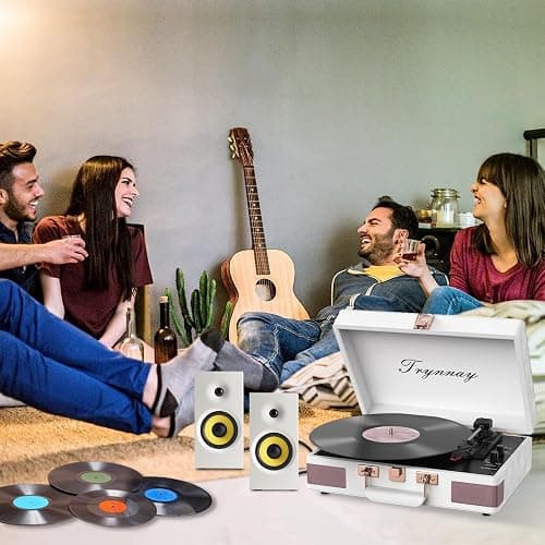 Trynnay Tourne-Disque Portable Bluetooth à 3 Vitesses avec Haut-parleurs intégrés, Tourne-Disque, Son Audio amélioré, Cuir ciré, Blanc thumbnail 6