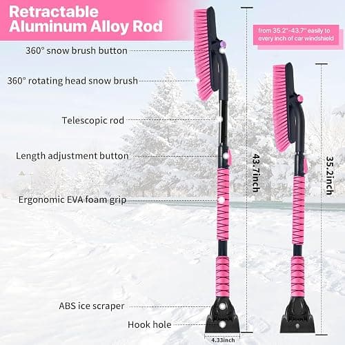 OUSHASAA 44" Ice Scraper and Snow Brush for Car Windshield with Extendable, 360° Pivoting, Soft Bristle Head, Foam Grip, for Car, Truck, SUV Window Tool (Pink) thumbnail 6
