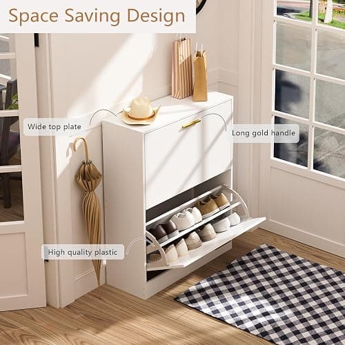LYNSOM Shoe Cabinet, Free Standing Tipping Bucket Shoe Rack Organizer with 2 Flip Drawers, Modern Entryway Shoe Storage with Top Display, Narrow Slim Hidden Shoe Cabinet (White) thumbnail 4