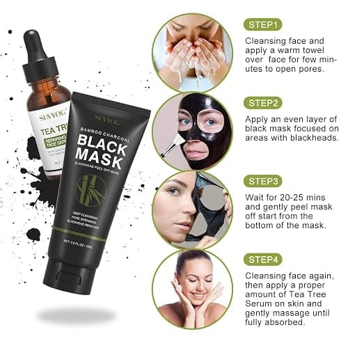 Blackhead Peel Off Face Mask, SHVYOG 3-in-1 Blackhead Remover Charcoal Mask with Brush & Tea Tree Serum, Purifying Deep Cleansing Black Mask for Blackheads, Dirt, Acne, Pores Shrinking (100g+30ml) thumbnail 6