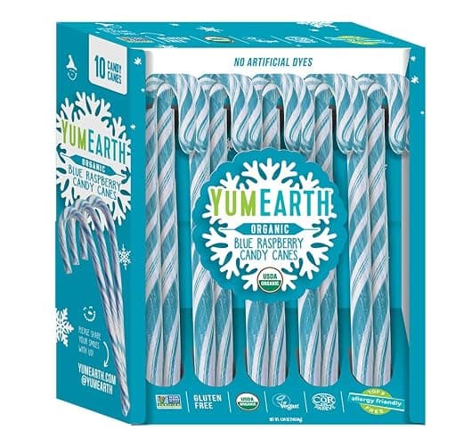 YumEarth Organic Candy Canes - Individually Wrapped Full Size Blue Raspberry Candy Canes - Dye Free, Allergy Friendly, Non GMO, Gluten Free, Vegan - 10 Count (Pack of 1) - Image 1
