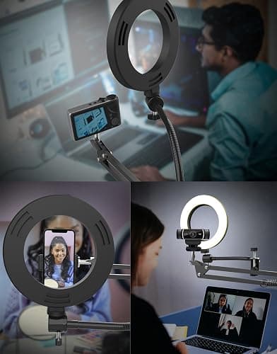 Overhead Camera Mount with Ring Light, Flexible Articulating Phone Arm Stand Compatible with iPhone, Logitech Webcam, Desk Tripod for YouTube Live Stream Cooking Nail Video Recording thumbnail 2