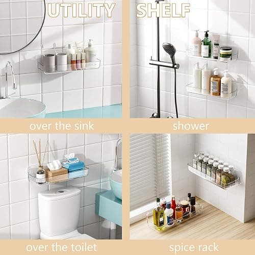UDD Acrylic Clear Shower Caddy Adhesive Shelf, 2pc Plastic Shower Organizer with Self Adhesive Tape, No Drilling Wall Mount Shower Shelves for Bathroom Kitchen, Transparent thumbnail 5