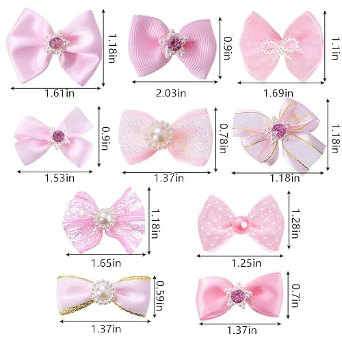 20 PCS Cute Dog Hair Bows with Rubber Bands Elastic Handmade Mix Style Lace Rhinestone Pearls for Furry Puppy Cat Pet Girl, Pink thumbnail 2