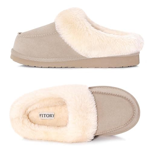 FITORY Women's Suede Slipper, Flat Slip On House Shoes with Faux Fur Lining Indoor Outdoor Short Mini Boots thumbnail 5