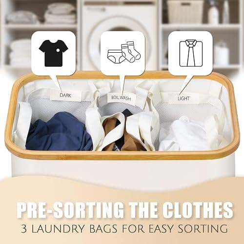 Extra Large 3 Section Dirty Clothes Laundry Basket with Lid, Dirty Clothes Hampers with Removable Bags for Bedroom and Laundry Room, Beige thumbnail 4