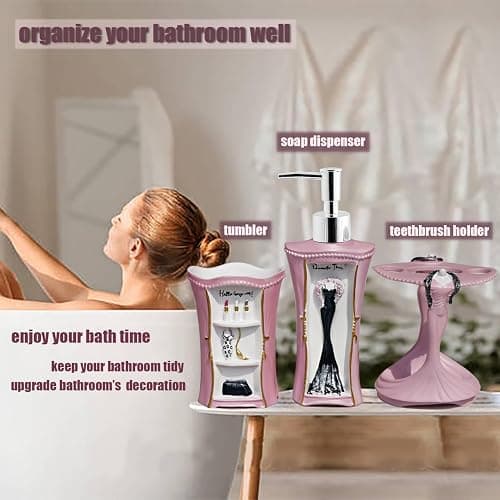 LUANT 6 PCS Bathroom Accessories Including Soap Dispenser, Soap Dish, Tumbler, Teethbrush Holder, Trash Can and Toilet Brush, Decoration for Girl's Bathroom, Countertop Oragnizer, Pink thumbnail 5
