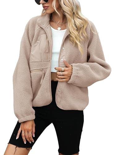 Yanekop Womens Fleece Jacket Fuzzy Long Sleeve Short Winter Coats Button Down Sherpa Jacket Outerwear with Pockets thumbnail 2