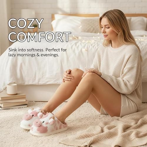 NICO×ASH Furry Cow Slippers for Women, Men & Teens, Warm Animal House Slippers, Comfy Winter Home Shoes thumbnail 2