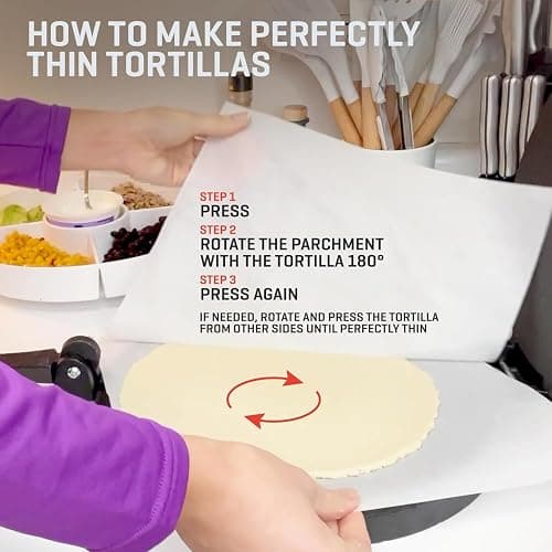 Uno Casa Cast Iron Tortilla Press 10 Inch - Tortilla Maker Press, Pre-Seasoned Roti Maker with 100 Pcs Parchment Paper - Heavy Duty Quesadilla Maker for Homemade Flatbreads, Rotis, Empanadas thumbnail 6