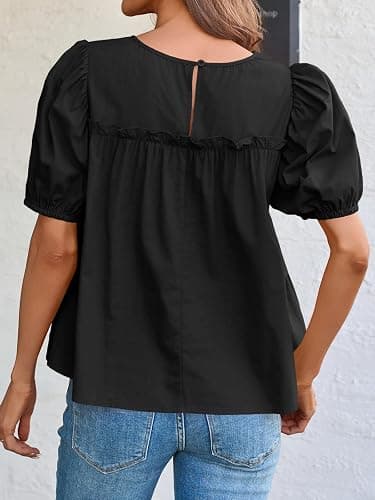 Tankaneo Womens Puff Sleeve Peplum Babydoll Tops Summer Smoked Pleated Cotton T-Shirts Casual Loose Fit Flowy Blouse thumbnail 7