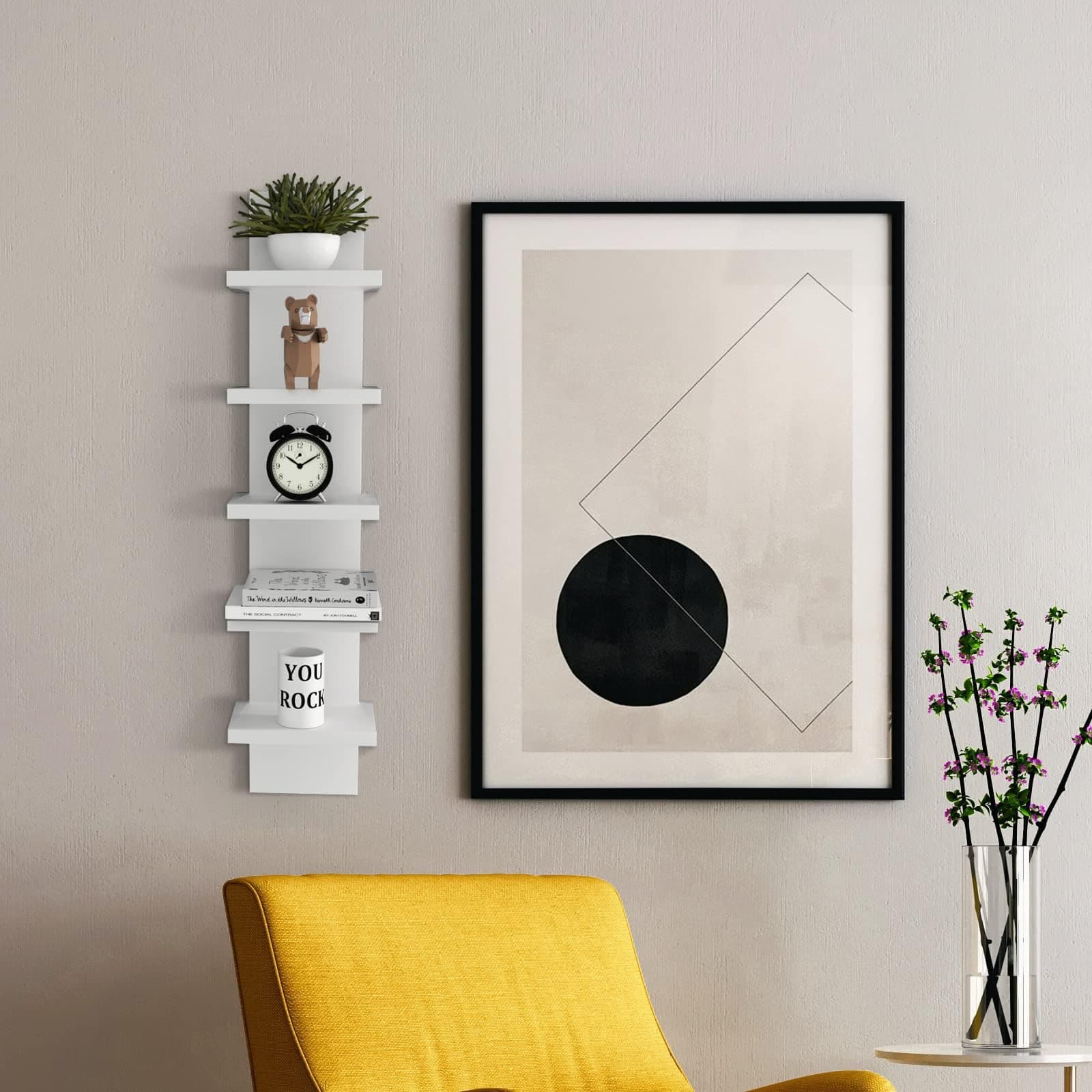 Vertical Column Wall Mount Floating Wood Spine Shelf Unit 5 Tier Slim Living Room Bedroom Organizer Small Stack Tall Narrow Thin Home Decor Display Modern Utility Makeup Vanity Bathroom Storage White thumbnail 3