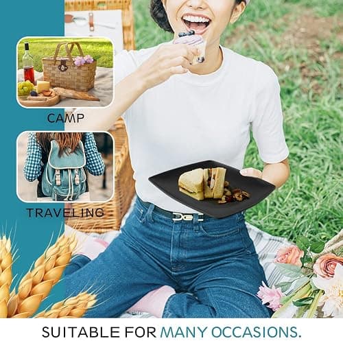 Teivio 16-piece Plastic Wheat Straw Square Dinnerware Set for 4, Unbreakable Dinner Plates, Salad Plates, Snack Bowls, Tumblers 13.5 oz, Dishwasher Safe, Black Matte - Matte Black thumbnail 7