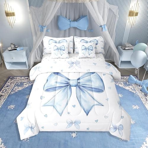 Erosebridal Cute Blue Bowknot Bed in A Bag with Sheets for Kids Girls Teen,Kawaii Dreamy Bow Queen Comforter Set 7 Piece Princess Blue White Heart Decor Bedding Set Soft Sheet Set with Comforter - Image 1