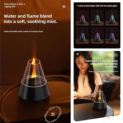 Ultrasonic Aroma Diffuser with Simulated Flame, 150ml, Timer and Auto-Off, LED Ambient Light (Black) thumbnail 3