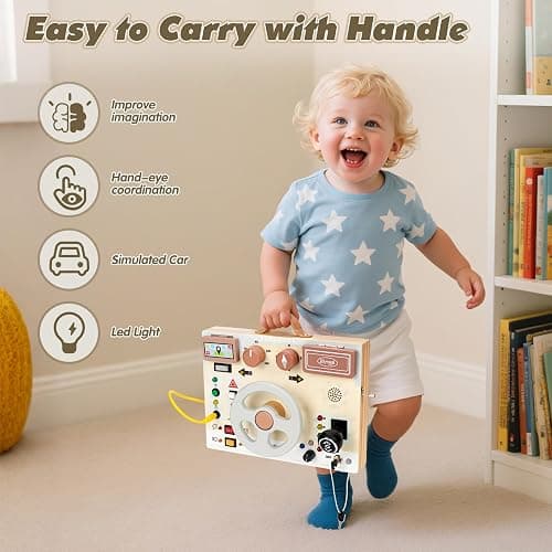 Joyreal Toddler Busy Board with LED Lights, Steering Wheel, Sounds, Montessori Toys for 1+ Year Old, Fidget Board Sensory Travel Toy, Gifts for Boys and Girls thumbnail 6