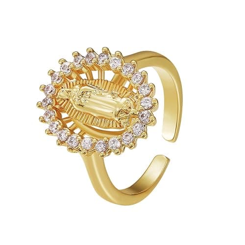 Ornaland 18K Gold Plated Clear Cubic Zirconia Open Cuff Ring Adjustable Oval with Virgin Mary Religion Open Finger Ring Jewelry Gifts for Women - Image 1