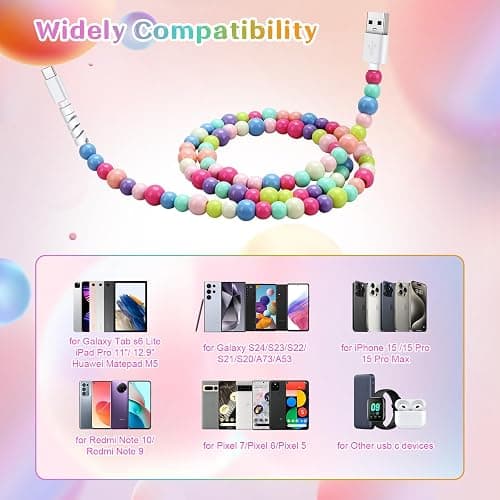 Aolcev USB C Cable 66W Fast USB A to USB C Charging Cord 4.9FT Cute Beaded USB Type C Charger Cord Phone Charger Cable for iPhone 17 16 Pro Max 15 Pro Max Plus Galaxy S25 S24 S23 S22 Multicolored thumbnail 4