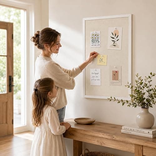 11"x14" White Framed Natural Wood Tone Bulletin Board, Pin Board | Linen corkboard texture. Premium cork boards for walls and pin board office organizer. thumbnail 5