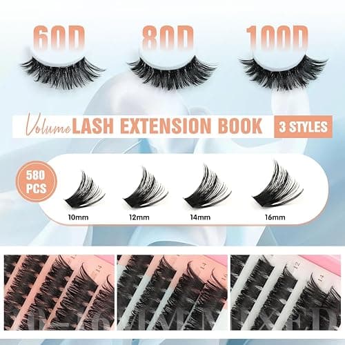 Sixstarhair Cluster Lashes Kit 580Pcs Individual Eyelashes Book Natural Eye Lashes Book with Glue and Remover 10-16mm Eyelash Clusters D Curl Volume DIY Eye Lashes Extension kit (60+80+100D) thumbnail 2
