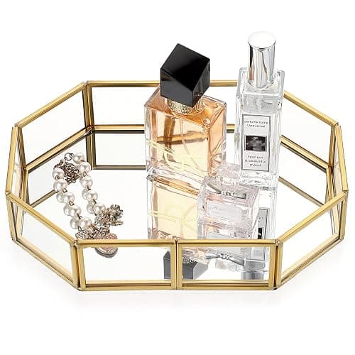 Hipiwe Mirror Glass Vanity Tray - Gold Ornate Makeup Vintage Octagonal Perfume Dresser Jewelry Trinket Organizer for Bathroom Storage Home Decor - 8" x 5.7" x 1.8" - Image 1
