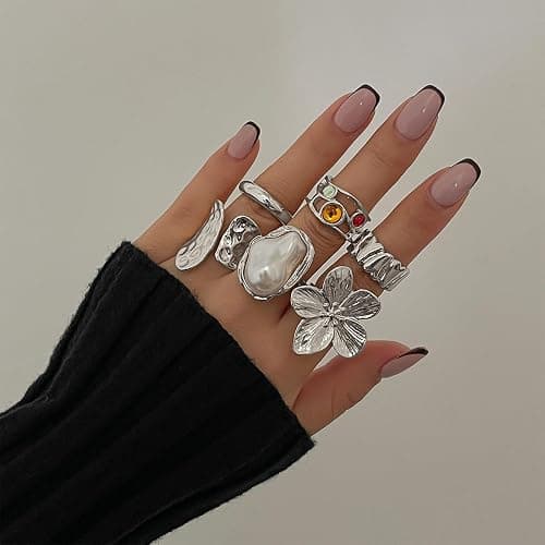 Otxas Chunky Gold Rings for Women Adjustable Statement Rings Baroque Pearl Flower Ring Stackable Rings Set 6Pcs Chunky Jewelry - Silver thumbnail 2