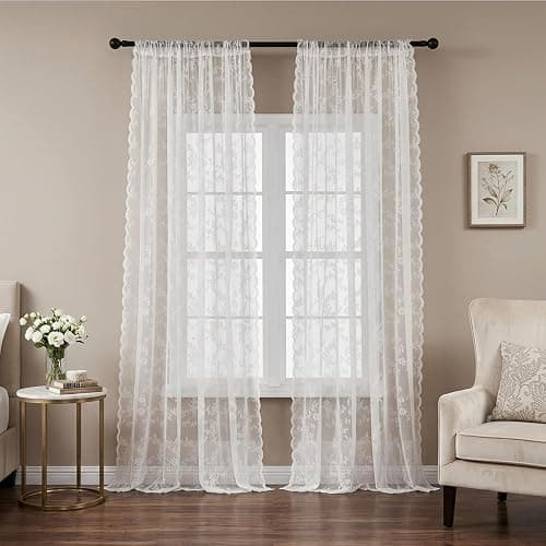 1 Piece Lace Curtains, Drop Vintage Flowers Lace Curtain Soft Lightweight, Lace Curtains For Windows, Country House Style Long Lace Net Curtains For Kitchen Bedroom Living Room Balcony, 100x200cm - Image 1