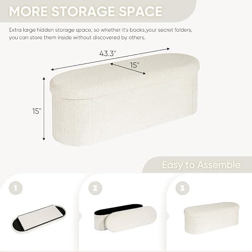 B FSOBEIIALEO Ottoman with Storage for Living Room, Sherpa Folding Storage Ottoman Foot Rest, 43.3 Inches Collapsible Bedroom Bench White thumbnail 3