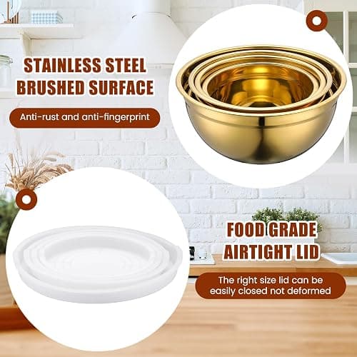 Teenyyou Gold Mixing Bowls with Airtight Lids Stainless Steel Mixing Bowl Set of 5, 4 Metal Nesting Organizers 4 in 1 Colander Non-slip Bottom Size 1.5, 2.0, 2.5, 4.0 Qt for Baking Serving Food thumbnail 4