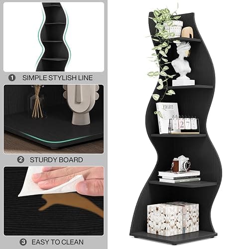 Tribesigns Corner Shelf, Modern 5-Tier Wall Corner Bookshelf, Stylish Corner Small Bookcase Storage Rack Plant Stand with Unique Shape for Living Room, Home Office, (1PC, Black) thumbnail 9