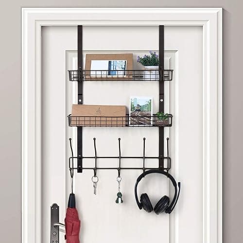 OYEAL Türgarderobe mit 5 Haken, 2 Körben, Stahl, stabil, langlebig, Garderobenleiste, Handtuchhaken, Hänge-Organizer, Regale für Zuhause, Schlafzimmer, Badezimmer, Küche, Braun - Image 1