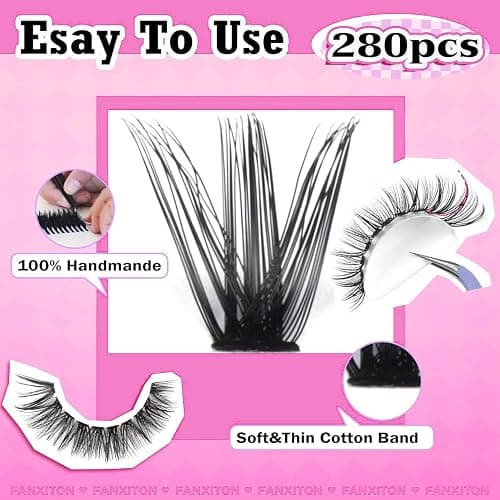 FANXITON DIY Individual Eyelash Extension Kit, Thick Volume Lash Clusters 40D+50D D Curvature, 280 Pieces Thin Band Cluster Lashes with Bond and Seal Tweezers thumbnail 4