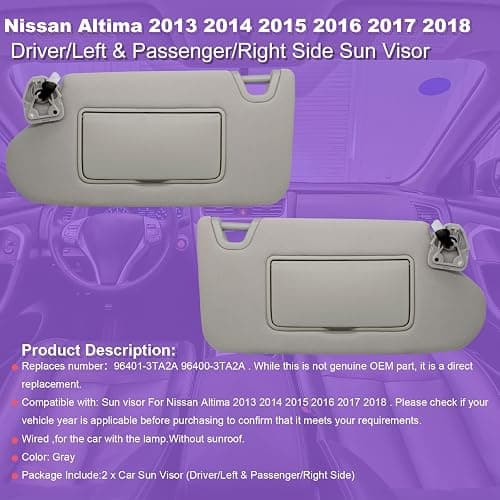 NHILES Driver/Left & Passenger/Right Sun Visor Compatible with Nissan Altima 2013 2014 2015 2016 2017 2018 with Light, Without Sunroof 96401-3TA2A 96400-3TA2A Gray thumbnail 2