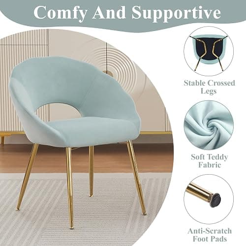Modern Vanity Chair, Living Room Chair with Gold Metal Legs,Velvet Dining Chair, Comfy Accent Chair for Makeup Room, Waiting Room, Dressing Room, Bedroom, Dining Room, Home Office (1, Blue-green) thumbnail 3