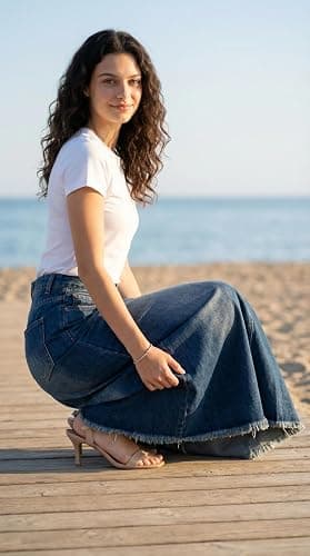 XQR Women's Vintage Full Length Denim Skirts High Waisted Frayed Raw Hem Flared A Line Maxi Long Jean Skirts thumbnail 3
