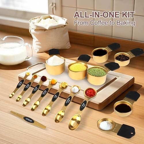 16-Piece Stainless Steel Measuring Cups and Spoons Set, Strong Magnetic Nesting Design 7 Cups 8 Spoons with Leveler, Double Measurement Markings for Dry & Liquid Ingredients, Gold thumbnail 6