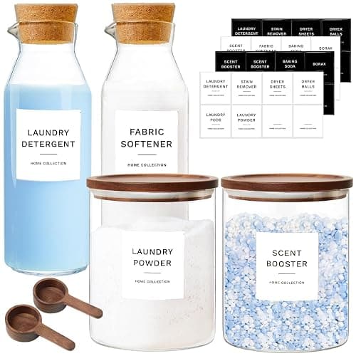 Glass Laundry Storage Containers Set, 4 Pack Liquid Detergent Dispenser with Cork Lid & Laundry Room Organization Jar with Acacia Lid, Fabric Softener Dispenser Bottles and Powder Detergent Organizer - Image 1