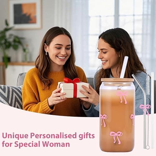 GLECTG Cute Pink Bow Glass Cups with Lids & Straws, Aesthetic Iced Coffee Cup, Girly Preppy Design Tumbler Mug, Birthday Valentine Gifts for Women, Teen Girl Gifts Trendy Stuff thumbnail 4