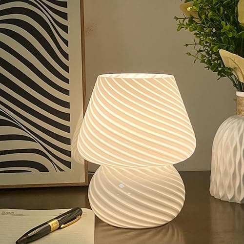 jonong Bedside Lamp Glass Striped Mushroom Table Lamp 110V Creative Gift Night Light (White) - Image 1