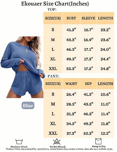 Ekouaer Womens Waffle Knit Pajama Sets Long Sleeve Top and Shorts Matching Lounge Set Sleepwear with Pockets thumbnail 2